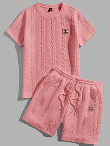 AXEPEAK Men's Applique Round Neck Short Sleeve T-Shirt And Drawstring Waist Shorts Knit Casual 2-Piece Set - Watermelon Pink - View 5