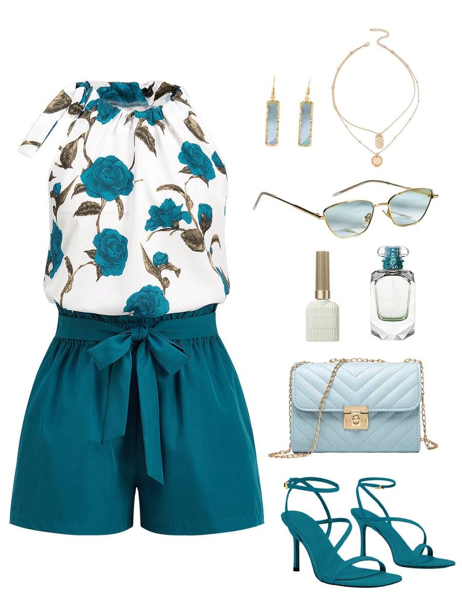 Ellevyn Women Halter Neck Printed Top And Tie Waist Shorts Set - Mint Green - View 1