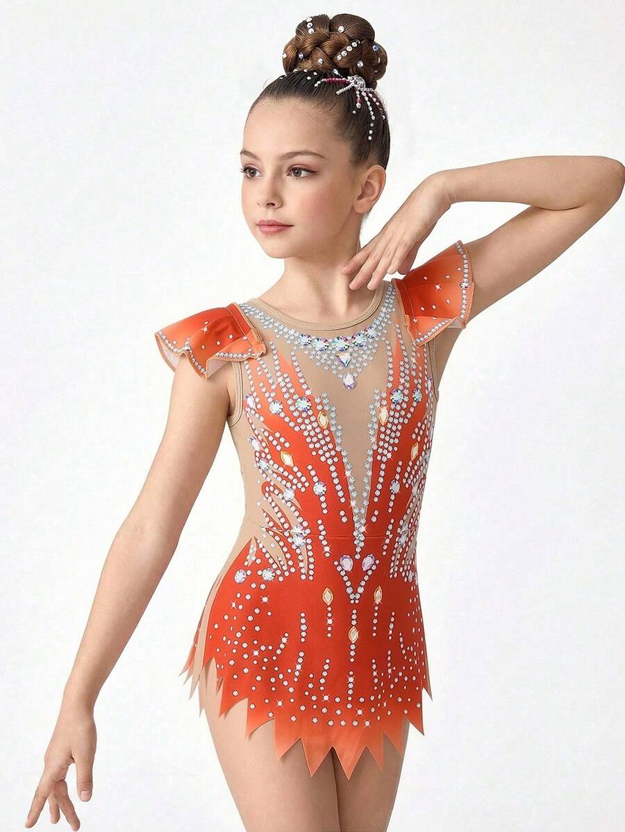 Girls' Sleeveless Snug Fit Leotard, Sleeveless Printed Snug Fit Leotard, Comfortable & Skin-Friendly, Snug Fit Design Prevents Exposure, Gymnastics Sportswear, School Dance Competition Leotard, Suitable For All Seasons, Rose Red, Vibrant Pattern - Multicolor - View 1