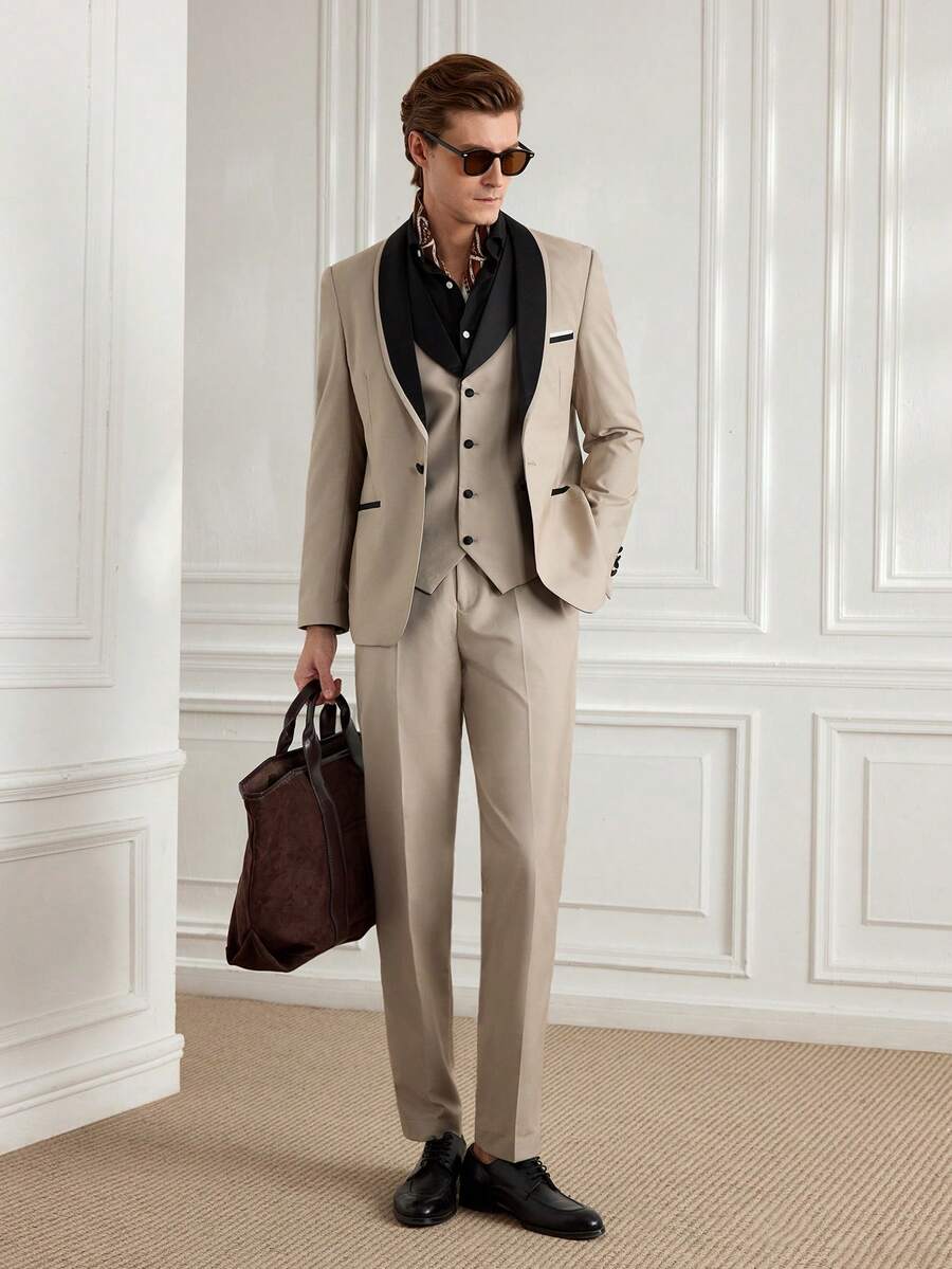 Officeau Bộ vest nam SuitGent 3 món chất lượng cao, màu trơn, thích hợp cho chú rể trong đám cưới, kiểu dáng ôm sát, gồm áo khoác và quần tây, thích hợp cho mùa xuân.