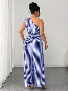 Elenzga Plus Size Women's Elegant Cinched Waist Sleeveless Striped Jumpsuit, Fashionable Casual Design For Summer Vacation Blue And White - Blue - View 2