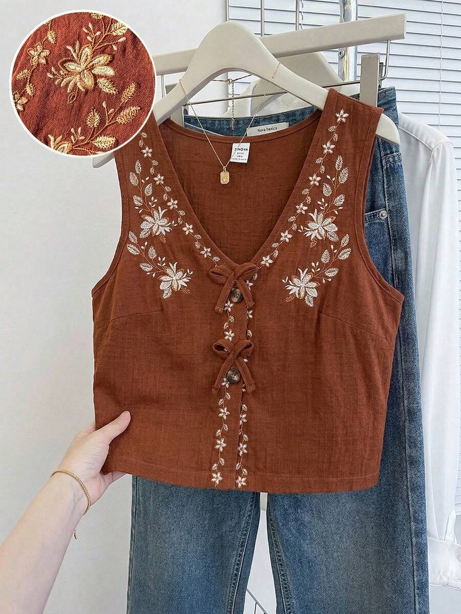 Tween Girls' Spring/Summer Vacation Beach Boho Embroidered Sleeveless Loose Woven Shirt - Brown - View 1