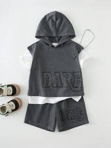 SHEIN 3pcs/Set Young Boys Casual Street-Style Summer Outfits,Soft Printed Vest,Light Grey Round Neck Short Sleeve T-Shirt,And Cargo Pocket Shorts Tracksuits - Grey - View 4