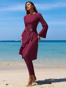 Swim Mulvari Women's New Burgundy Burkini Two Pieces Swimwear, Top Fashionable Maxi Dress Paired With Slim Fit Bottoms, Modest Beach Party Swimwear Set - Burgundy - View 4