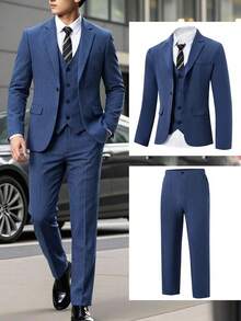 SHEIN 青少年男童简约廓形高端藏蓝色格纹两件套西装，配藏蓝色领带，简约精致，适合婚礼季、休闲、上学、旅行、运动、音乐节、假期、派对、夏季海滩度假、春夏穿着。 - 寶藍色 - 查看 2