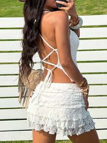 SHEIN EZwear 2pcs/Set Women White Jacquard Top & Mini Skirt - White - View 3