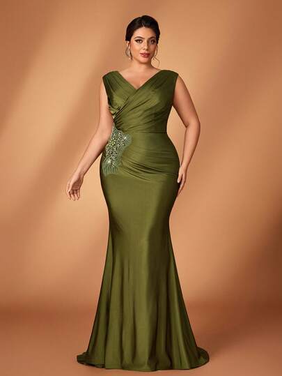 Serin Đầm dạ hội cỡ lớn thanh lịch, lãng mạn, cổ chữ V, sang trọng, đính kết tinh tế, eo nhún, dáng đuôi cá, phù hợp cho đám cưới, tiệc tùng, sự kiện trang trọng, hoặc dành cho mẹ cô dâu.