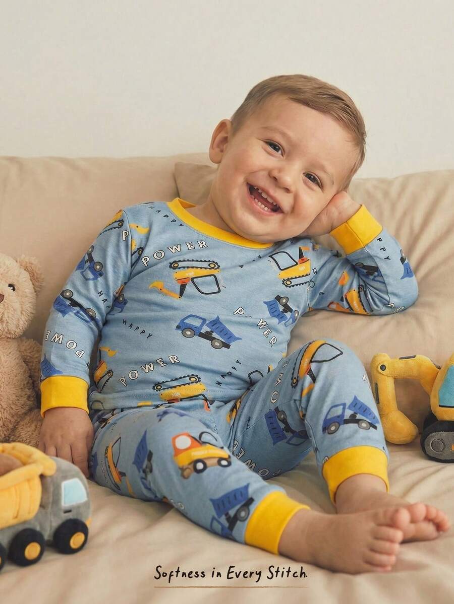 Cozy Pixies 两件套男婴卡通汽车印花柔软针织圆领长袖上衣和松紧腰长裤贴身睡衣套装 - 彩色 - 查看 1