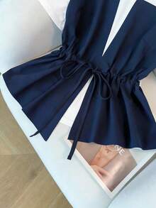 GlowEve CURVE 女士加大码撞色拼接针织圆领落肩短袖收腰宽松直筒休闲日常时尚舒适度假百搭二合一T恤，春夏款 - 彩色 - 查看 4