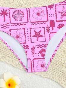 Tween Girls Pink Starfish & Palm Tree Print Swimsuit Set, Suitable For Beach, Seaside, Travel And Summer Activities - Multicolor - View 4