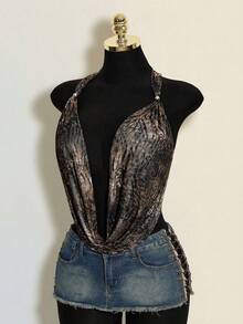 SHEIN ICON Bluză de plajă Y2k pentru femei, stil boho, gotic, fără spate, pentru ieșiri, Coachella, club, hippie, cu imprimeu leopard, imprimeu animal, decolteu adânc, fără spate, camisol, vară - Multicolor - Vizualizare 4