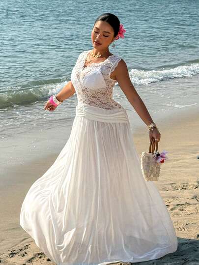 Sunnyshic 大码V领无袖蕾丝拼接派对及节日连衣裙