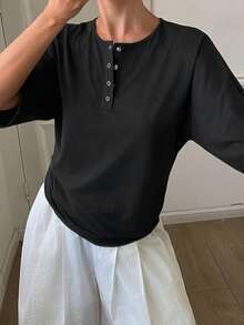 DAZY 女士法式宽松收腰圆领中袖休闲百搭套头T恤 - 黑色 - 查看 2