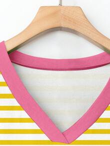 EMERY ROSE Plus Size Women's Casual Vacation & Commute Contrast Striped Print Patchwork Pocket V-Neck Loose T-Shirt, Spring/Summer - Yellow - View 4