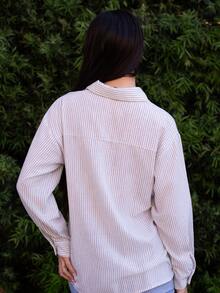 Andrea Bello 女式条纹印花纽扣前襟宽松休闲长袖衬衫秋季 - 黑色 - 查看 2