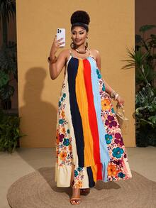 Maweii Plus Size Floral Print Spaghetti Strap Dress, Suitable For Beach Vacation, Spring/Summer - Multicolor - View 5
