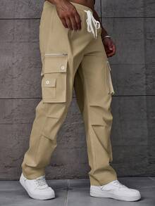 Manfinity Roughcore Plus Size Solid Color Loose Casual Cargo Pants With Pockets - Khaki - View 4