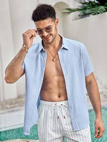 Mercer Haus 男士休闲纯色短袖翻领衬衫，适合外出穿着，也适合在夏威夷等夏季热带度假胜地穿着。 - 霧霾藍 - 查看 1