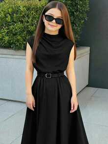 SHEIN 少女优雅时尚通勤黑色垂褶领连衣裙，配腰带 - 黑色 - 查看 6