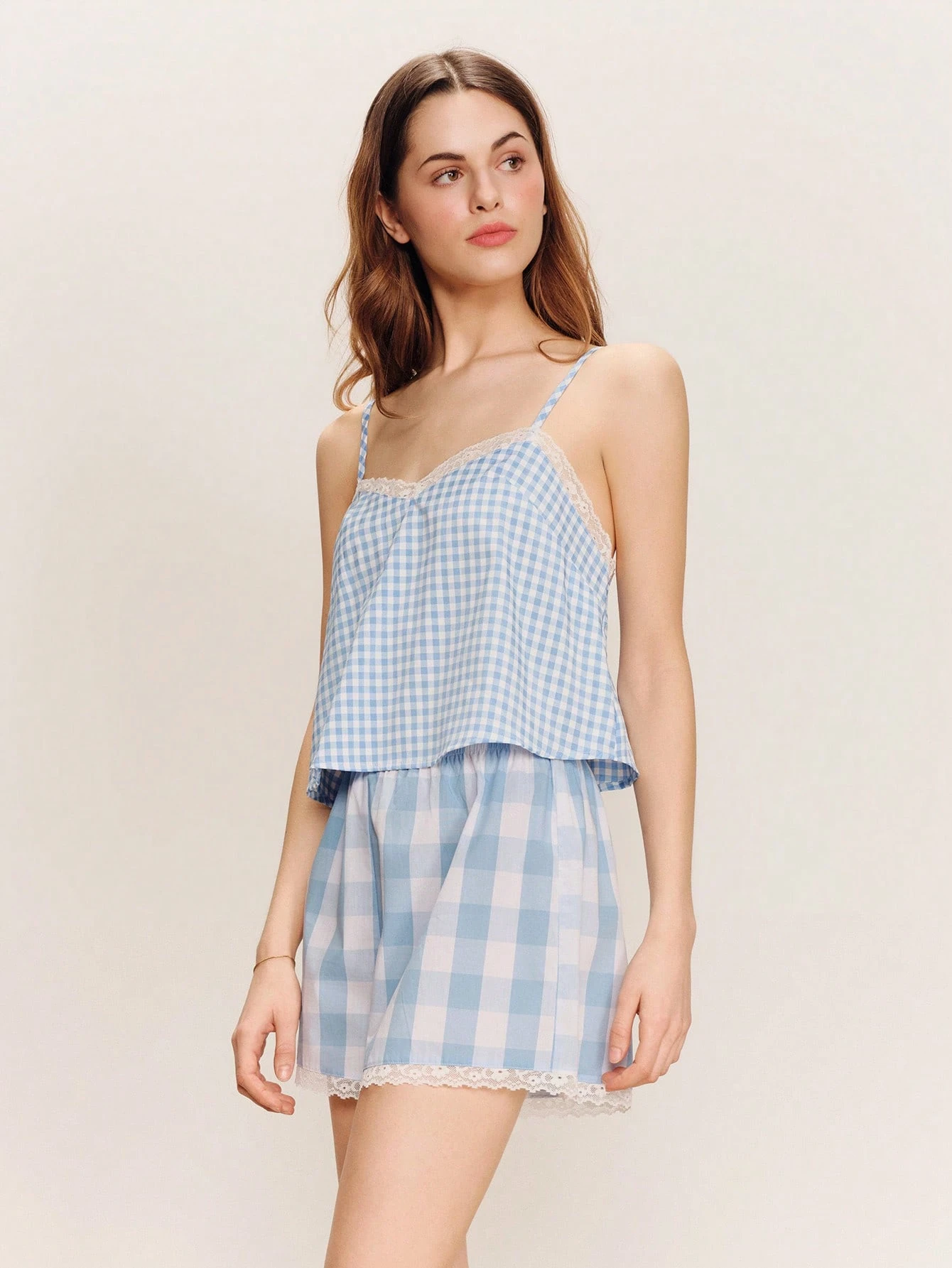 Blue Gingham Pyjama Set, Loose Fit Cami Top With Matching High Waisted Short, Cute Lace Details Spring Summer French Style Parisian Style Pajama Set For Women Summer Two Piece Pajamas Set Women Pajamas Summer Set For Woman