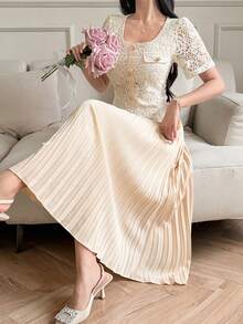 DAZY Women's Faux Two-Piece Short Sleeve Elegant Pleated Dress - White - View 6