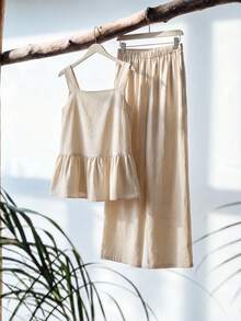 Zanirela Zanirela Women Linen Ruffle Babydoll Loose Fit Top & Wide Leg Pants Two Pieces Outfits For Daily Wear,Summer Outfits For Women - Apricot - View 1