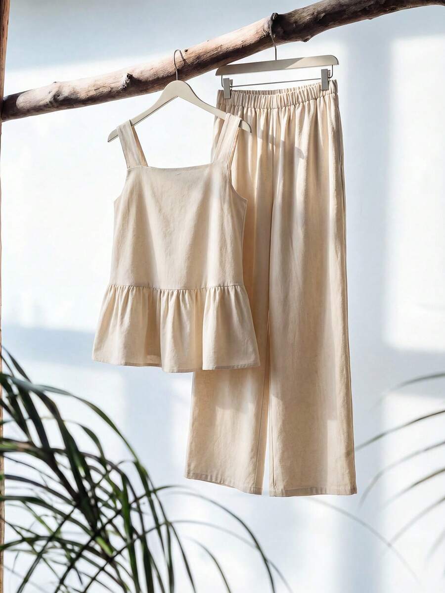 Zanirela Zanirela Women Linen Ruffle Babydoll Loose Fit Top & Wide Leg Pants Two Pieces Outfits For Daily Wear,Summer Outfits For Women - Apricot - View 1
