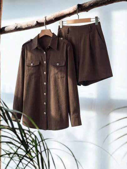 Zanirela Zanirela 2 件套高品质口袋设计复古休闲长袖实用衬衫和短裤男士套装