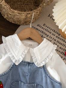 SHEIN Vintaside Kids 2pcs Baby Girls Casual Cute Collared Long Sleeve Shirt And Floral Decor Bib Pants Set, Suitable For Spring/Autumn Daily Wear - White - View 8