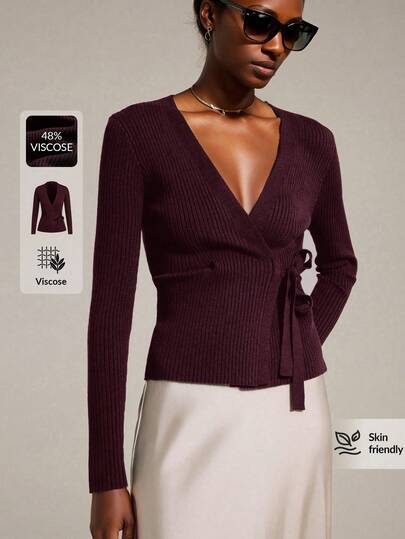 Ontre Cárdigan de punto acanalado con lazo delantero, versátil para el tránsito urbano, negocios, oficina, atuendo elegante, suéter de invierno, adecuado para el Día de San Valentín, vacaciones, invitado de boda, fiesta - Mujer Primavera/Verano 2026