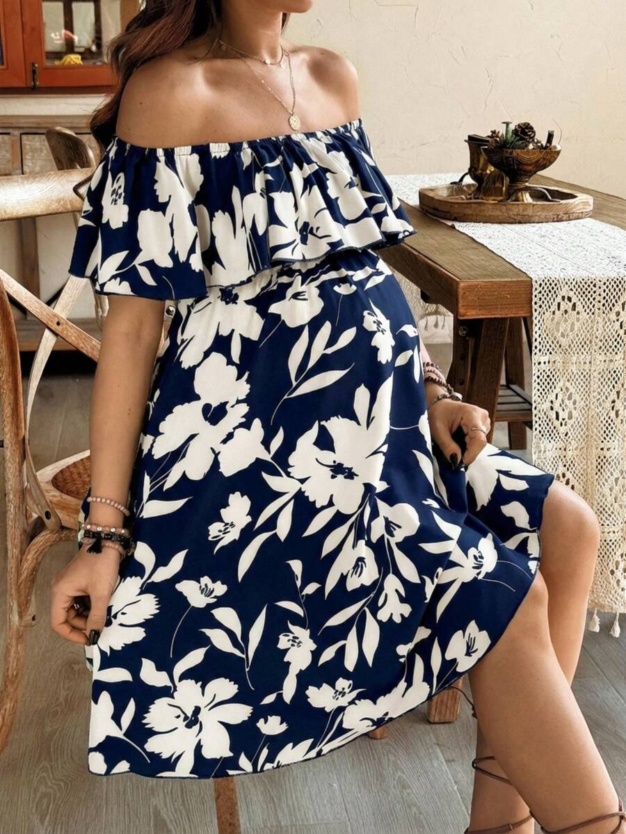 SHEIN Maternity Off Shoulder Floral Print Ruched Fashion Vacation Dress - Navy Blue - View 1