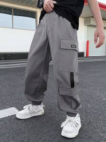 SHEIN 男童休闲舒适松紧腰宽松纯色梭织裤 - 灰色 - 查看 8