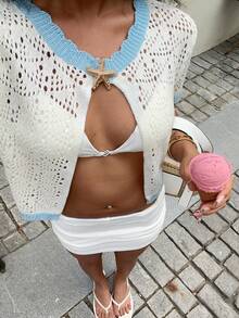 Sunnyshic Áo khoác cardigan mỏng nhẹ, thời trang mùa hè dành cho nữ, phong cách tối giản, thích hợp cho kỳ nghỉ biển, họa tiết sao biển, phối màu tương phản và khoét rỗng. - Nhiều màu - Xem 5