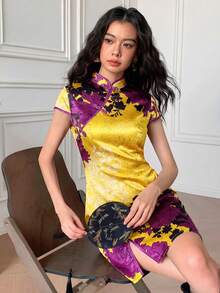 EastFlair Đầm ngắn nữ in hoa, cổ bẻ, thắt eo, thanh lịch cho các buổi hẹn hò và tiệc tùng. - Màu vàng - Xem 7