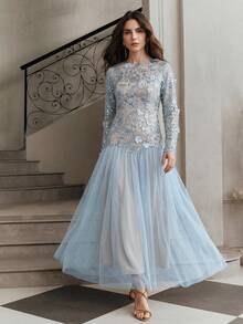 Anewsta Elegant Silver Floral Mesh Sequin Long Sleeve Dress, Suitable For Formal Events And Dates - Silver - View 4