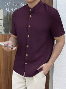 Manfinity VCAY Light Blue Short Sleeve Shirt - Textured Weave, Button Front, Chest Pocket. Men's Casual Summer Vacation Style. Relaxed Fit, Beach Resort Essentia - Purple - View 5