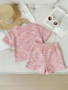 LMoss Kids 2pcs Baby Girl Knitted Striped Round Neck T-Shirt And Shorts Set - Multicolor - View 2