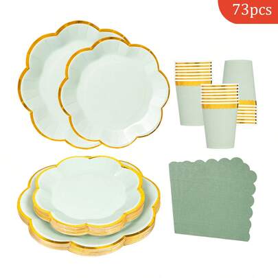 Sage Green Lace Gold Edged Disposable Plates, Napkins, Paper Cups, Disposable Party Supplies Set, Suitable For 16 Guests, Suitable For Birthdays, Weddings, Theme Parties, Family Picnics, Disposable Plates, Party Utensils