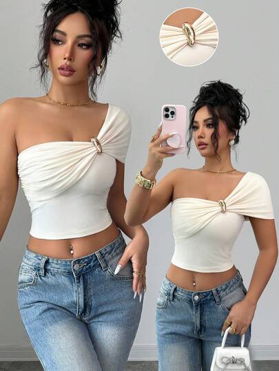 SHEIN Elenzya Damen Elfenbein asymmetrisches asymmetrisches Schulter Kurzarm T-Shirt, stilvolles Design elegantes figurbetontes Top