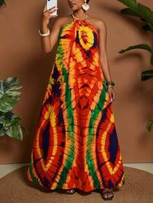 Maweii 女士优雅度假数码印花吊带露背宽松连衣裙，适合度假、日常穿着、夏季 - 彩色 - 查看 1