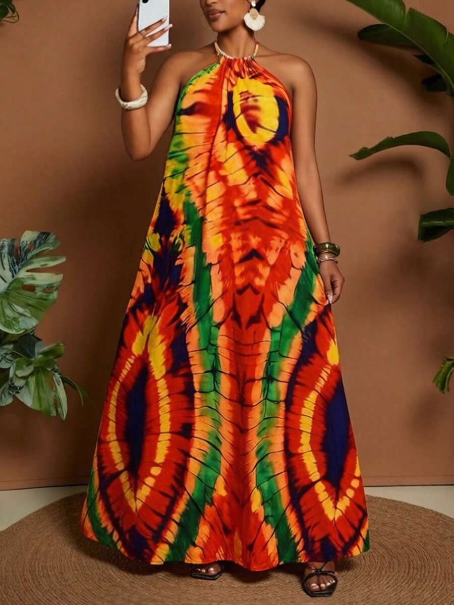 Maweii 女士优雅度假数码印花吊带露背宽松连衣裙，适合度假、日常穿着、夏季 - 彩色 - 查看 1
