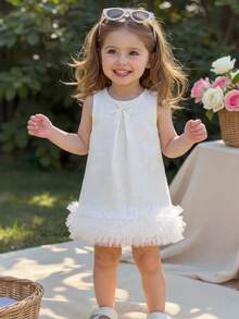 SHEIN Glamorique Kids 女婴优雅蝴蝶结3D花朵装饰无袖连衣裙，适合花童、婚礼、派对、生日、度假、夏季拍照等场合 - 白色 - 查看 7