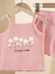 Baby Girls' Spaghetti Strap Daisy Print Outfit, Summer Toddler Girls' Ruffle Hem Tank Top And Shorts 2 Piece Set, Comfortable And Cute, Suitable For Casual Daily Wear, Spring, Summer, Autumn, Winter - White - View 5