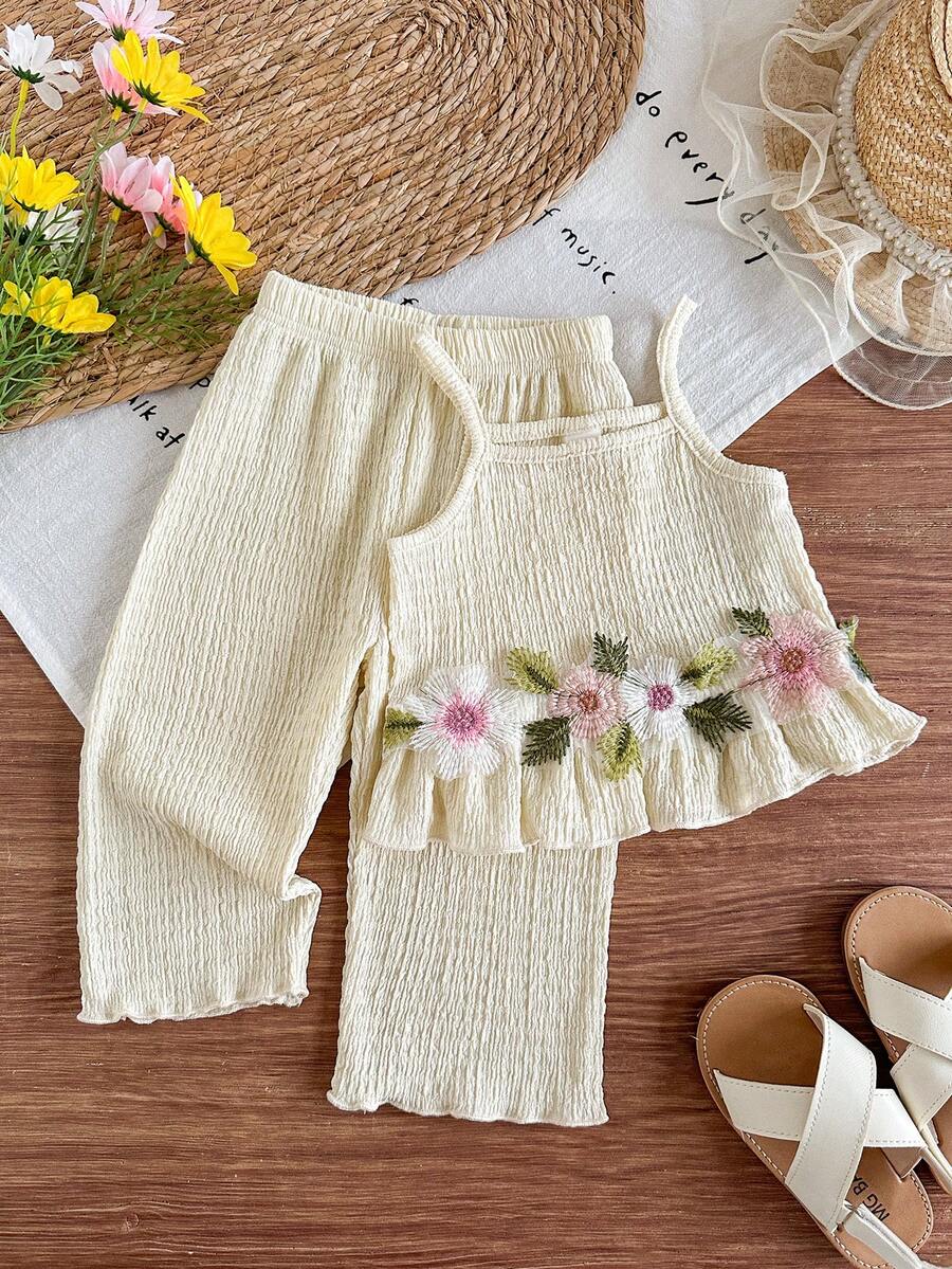 女婴休闲日常时尚花卉刺绣吊带背心和纯色裤子套装，可爱阳光的夏季外出装扮 - 杏色 - 查看 1