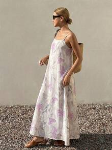 DAZY Vacation Style Floral Allover Print Lightweight Long Slip Dress For Women Pajama, Moo Moo - Purple - View 3