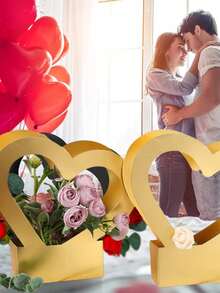 SHEIN 2 Pieces Heart Shaped Flower Gift Box Foldable Bouquet Bag With Handle Portable Storage Container For Valentine Wedding Mother Day Floral Arrangement Party Favor Must Have - multicolor - View 6