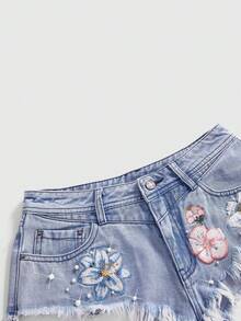 ROMWE Vacation Floral Beaded Embroidery Washed Low Waist Frayed Hem Denim Shorts - Blue - View 3