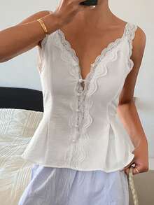 DAZY Áo hai dây nữ thanh lịch mùa hè, thắt eo bằng ren tương phản, dáng xòe, thích hợp cho kỳ nghỉ. - trắng - Xem 4