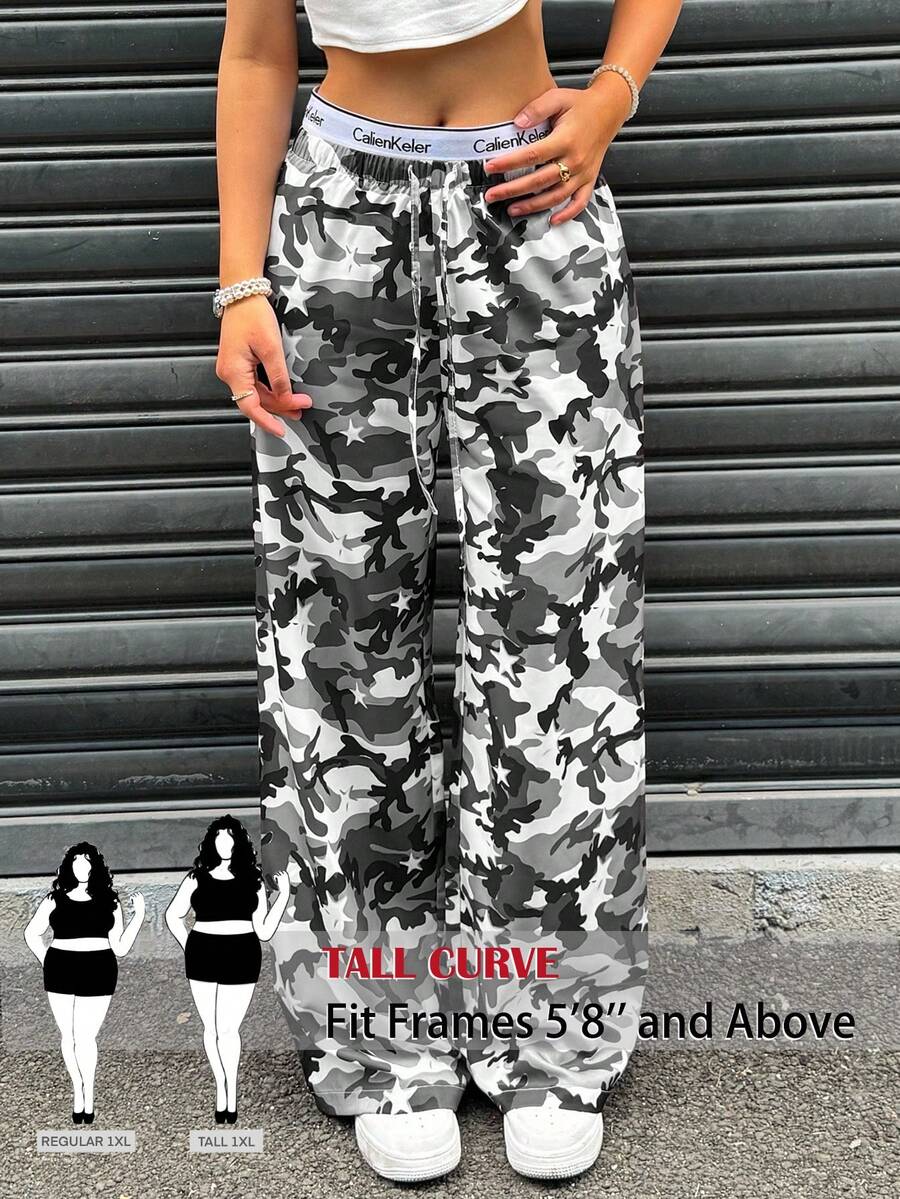 SHEIN Tall CURVE 大码迷彩印花阔腿裤 - 彩色 - 查看 1