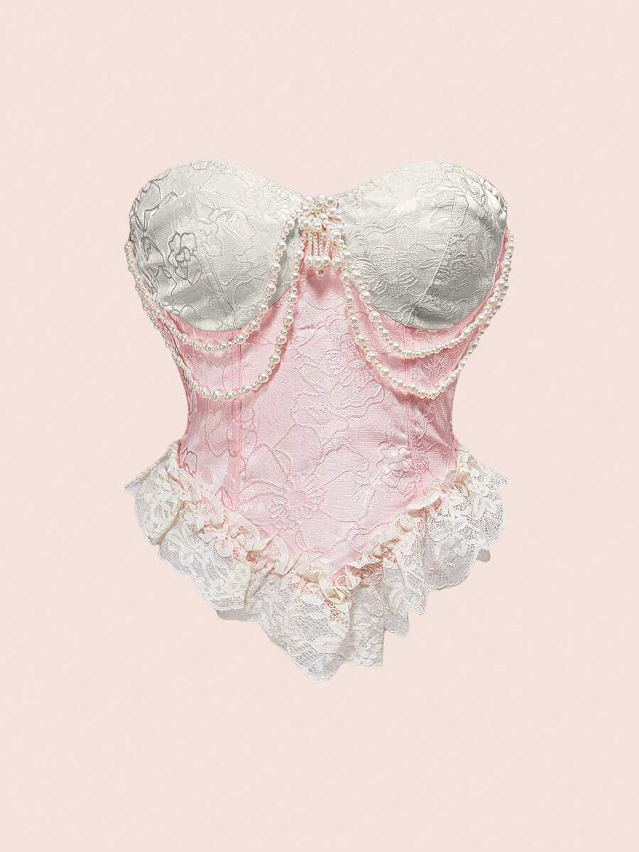 ROMWE Kawaii 复古维多利亚风格蕾丝缎珍珠胸针装饰女式衬衫，蓬松粉色 - 淺粉色 - 查看 1